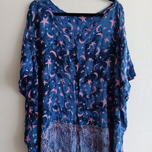 Blue and Black Fringed Tie Dye Tunic with Pink Moon and Stars